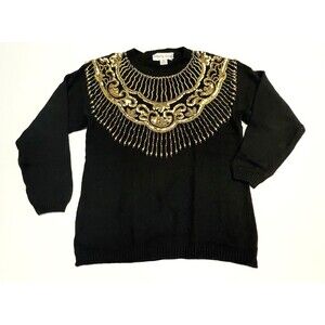 Vintage 90's Novelty Work Sweater Black Gold Beads Sequins Women's Size M